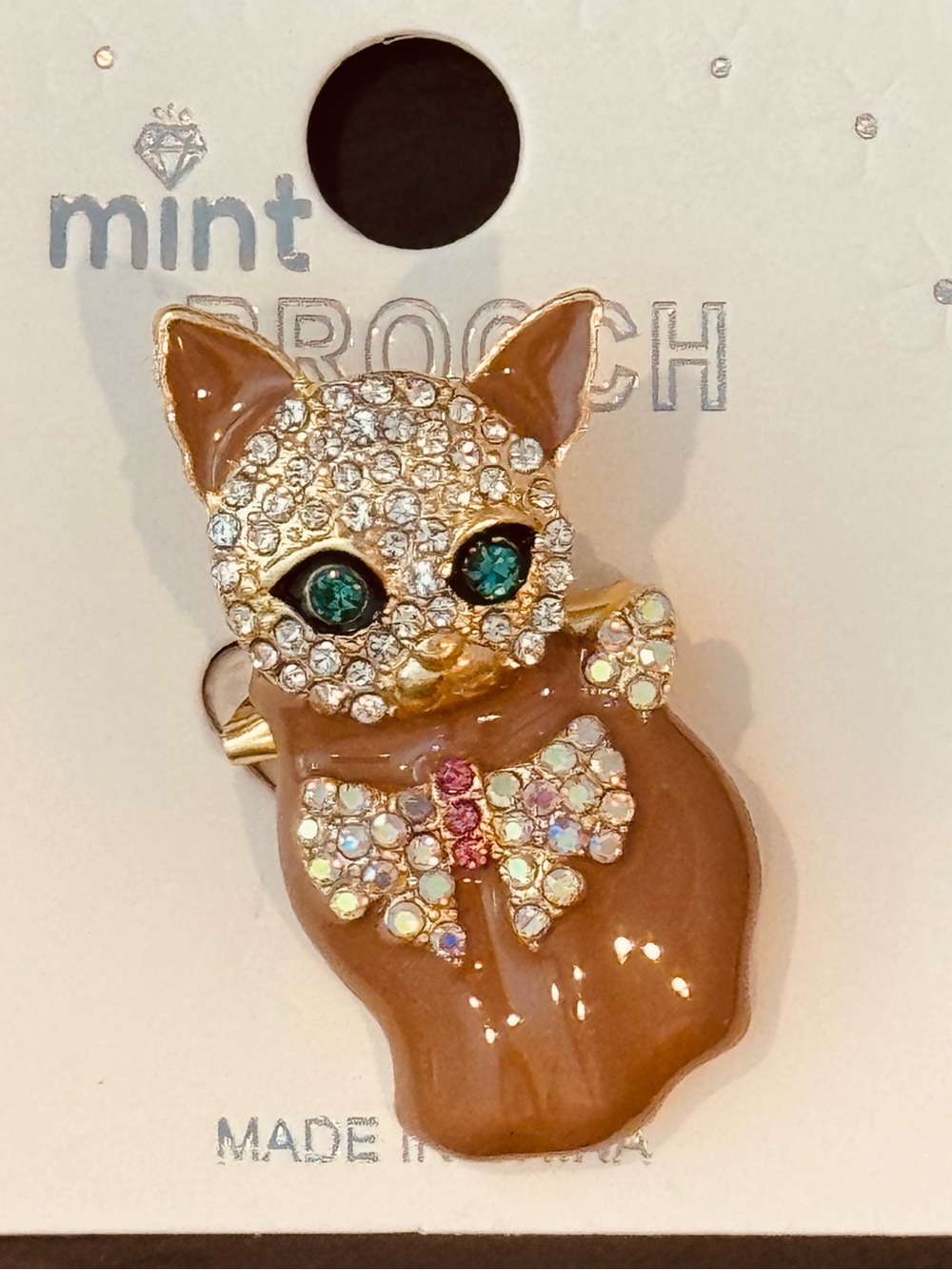 Sparkling Brown Enamel Cat Brooch with Rhinestones and Emerald Green Eyes NWT